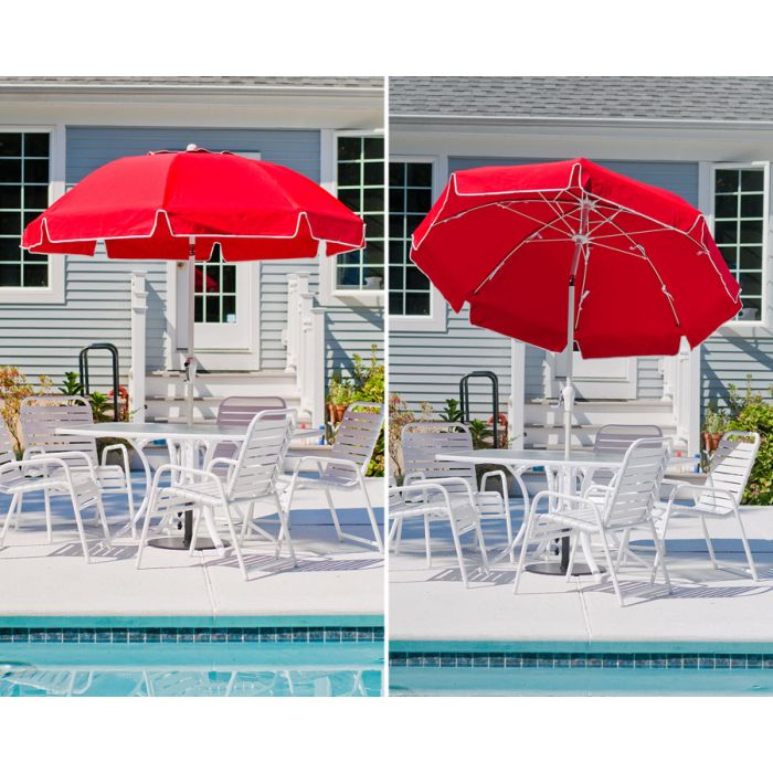 fiberglass patio umbrella red 11' Octagon Crank Auto Tilt Essential Pacifica fabrics feel soft and full to the touch and colors pop under the sun because more light reflects off the surface of the material. 9' Sunbrella AA Patio Market