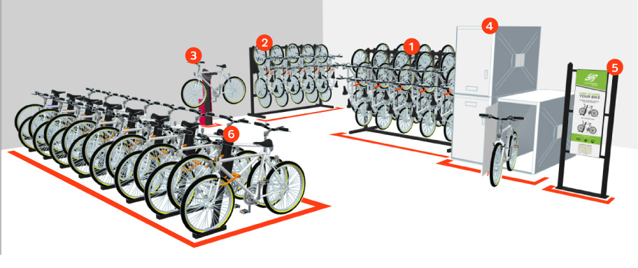 bike room with vertical bike racks