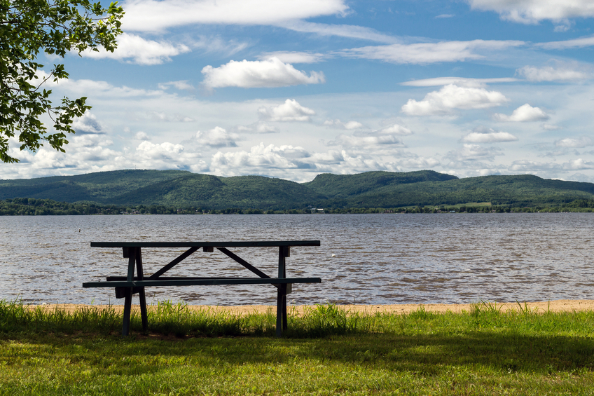 picnic table lake scene