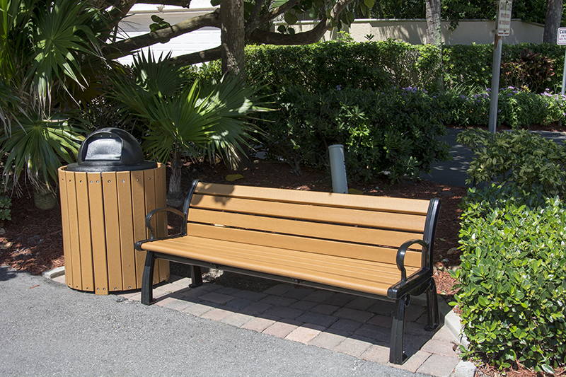 outdoor trash cans near park benches