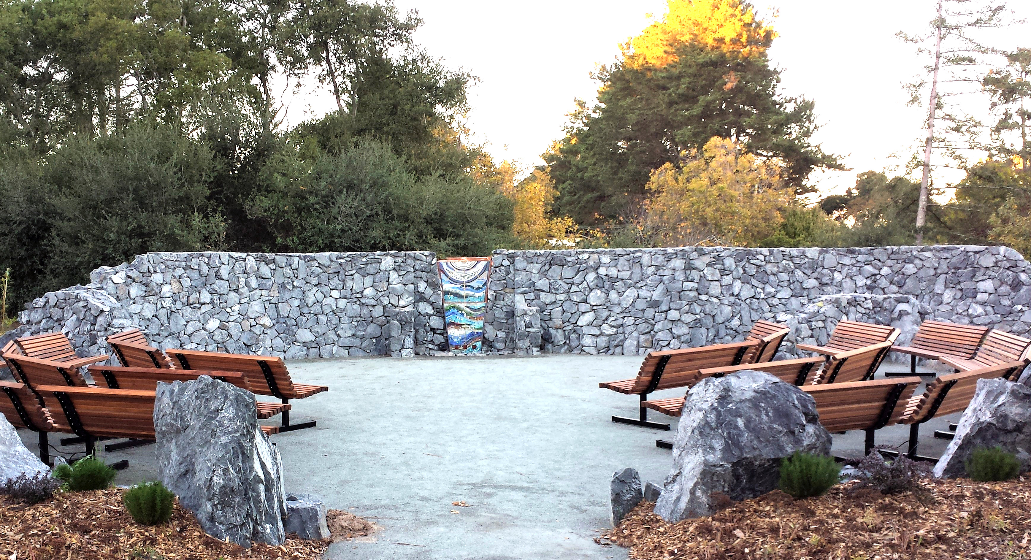 Wooden Benches Compliment Amazing "Sacred" Space Outside California Church