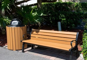 recycled plastic bench and trash receptacle