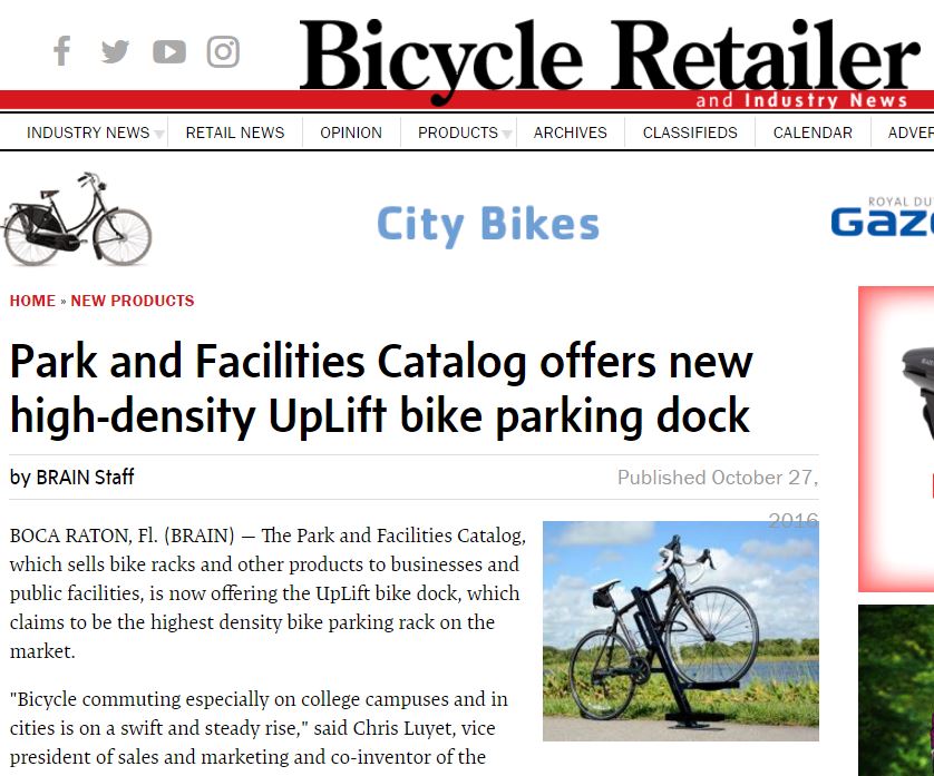 The Park Catalog's UpLift Bike Dock Appears in Bicycle Retailer Magazine