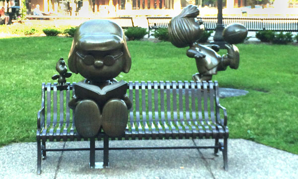 park bench and Lucy sculpture