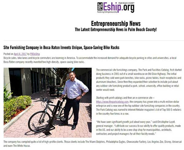 Commercial Bike Rack Invention Featured On Palm Beach Business Development Website
