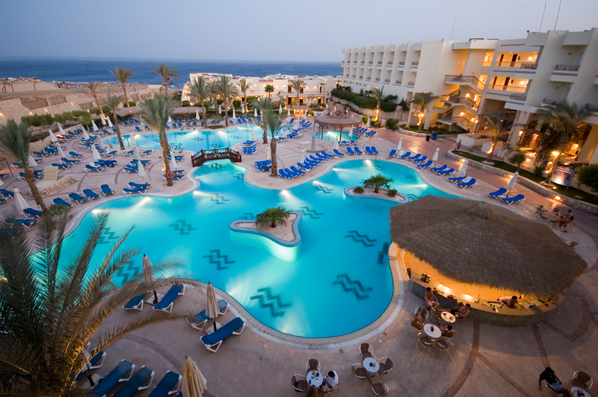 Commercial patio furniture at a resort hotel