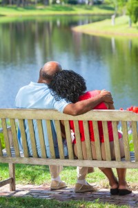 romantic couple on a park bench
