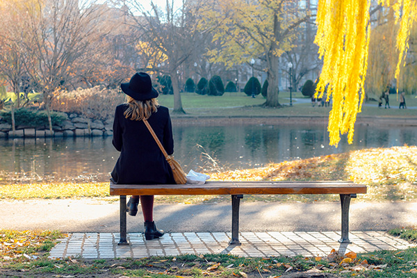 park bench pond view