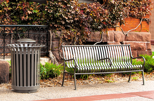 park benches and trash receptacles
