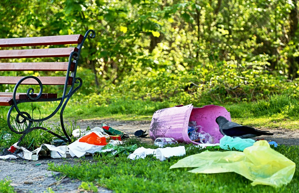commercial trash cans litter in park