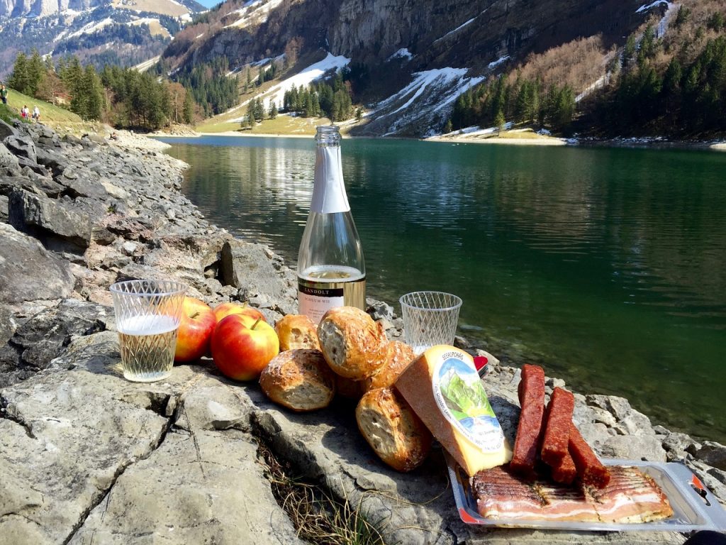 picnic table by lake