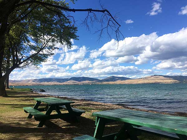 wood picnic tables lake view