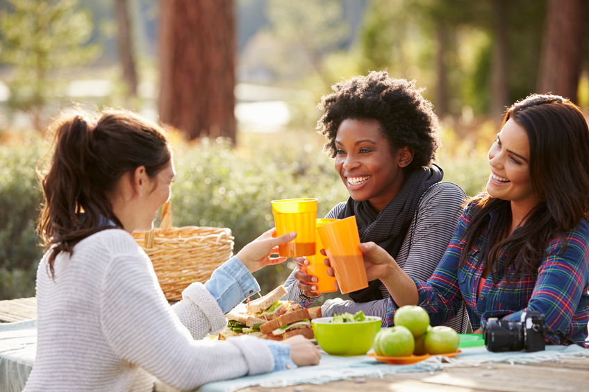 three female friends at a picnic table making a toast